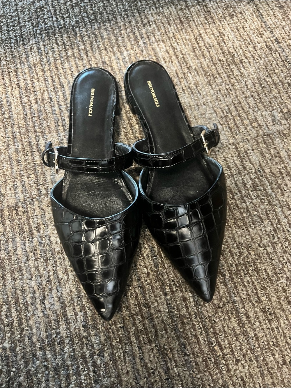 Bruno Magli Black Croc-Embossed Pointed Mary Jane Mules